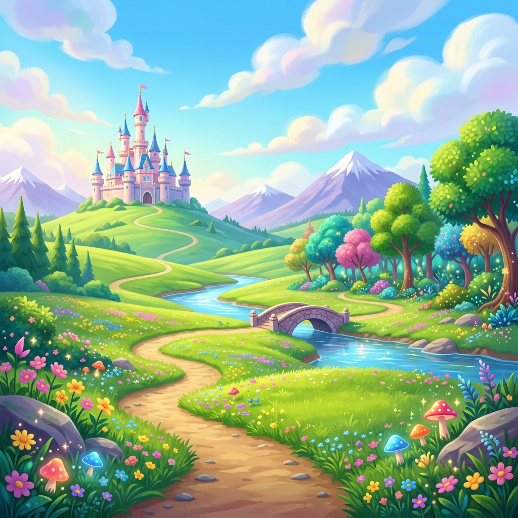 A magical world with a castle, forest, river and meadow