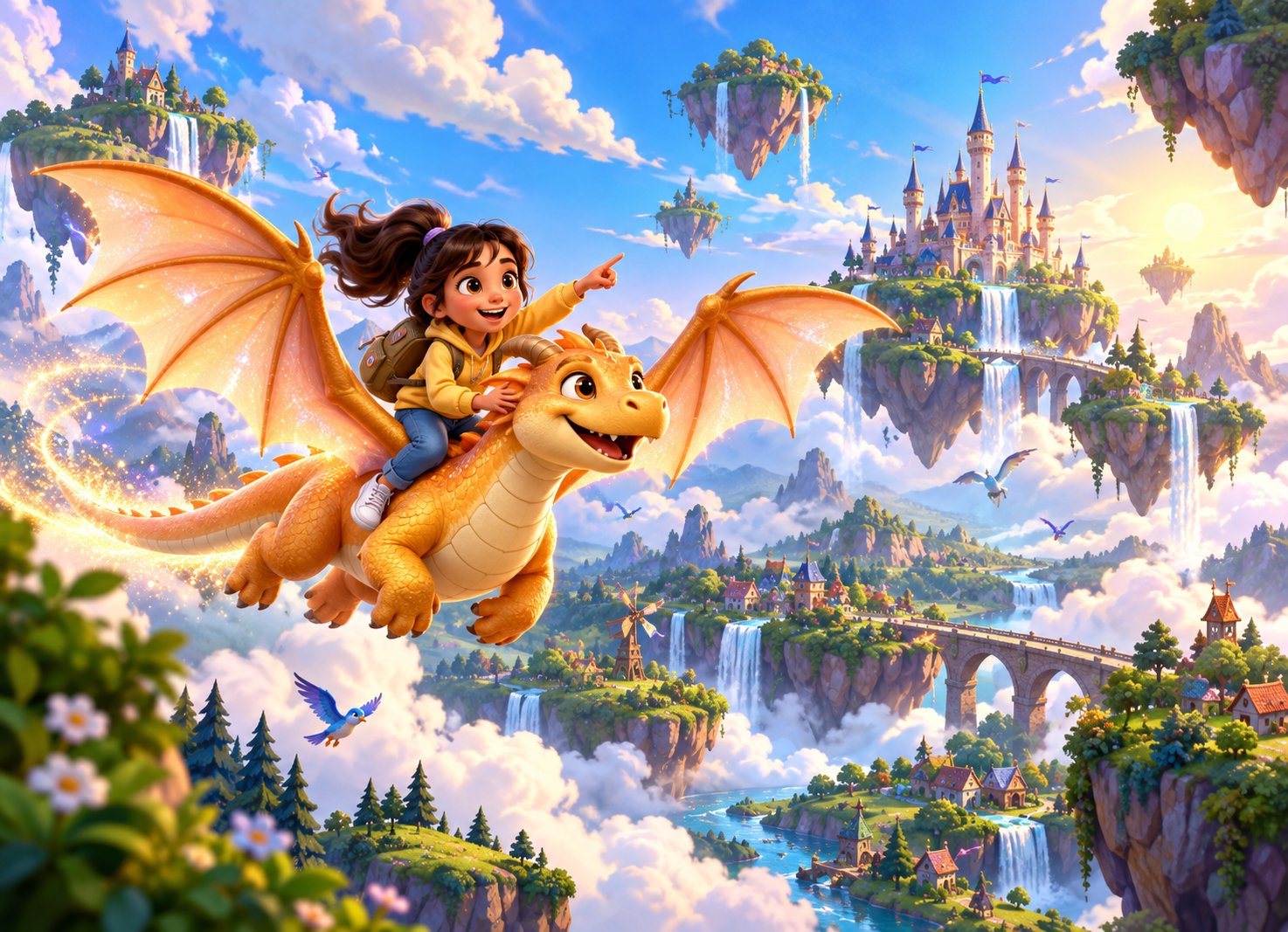A girl and her dragon flying over a floating sky world